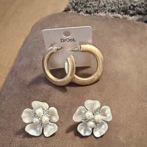 Gold Hoop Earrings and White Pearl Flower Studs - Women Jewelry Set